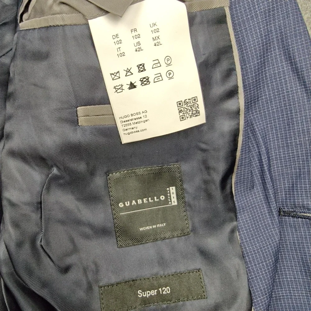 Hugo Boss Blazer Mens 42L Blue Check Super 120 Wool 2 Button Suit Jacket